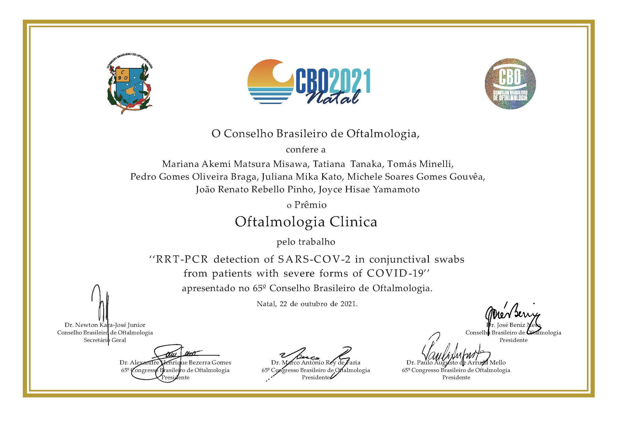 Prêmio Oftalmologia Clínica concedido durante o 65º Congresso Brasileiro de  Oftalmologia, Natal RN 21-23 outubro 2021. - Pós-Graduação em Oftalmologia  FMUSP